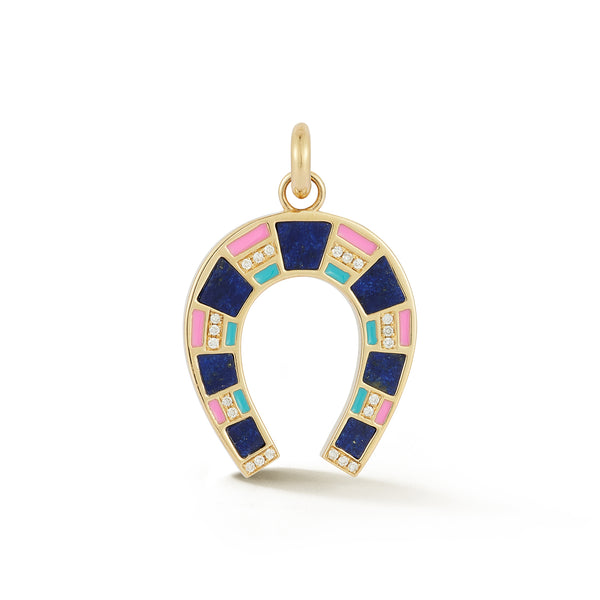 14K Gold Lapis Diamond Pink & Blue Enamel Hallie Horseshoe