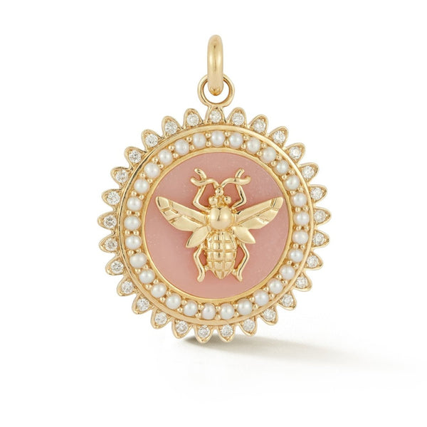 14K Gold Pink Opal Pearl Diamond Minnie Bee Medallion