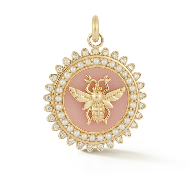 14K Gold Pink Opal Pearl Diamond Minnie Bee Medallion