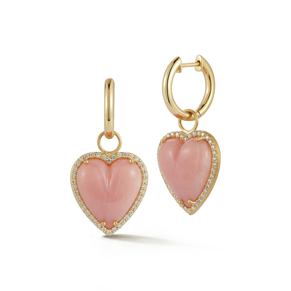 14K Gold & Pink Opal Alana Large Diamond Heart Huggie Earrings