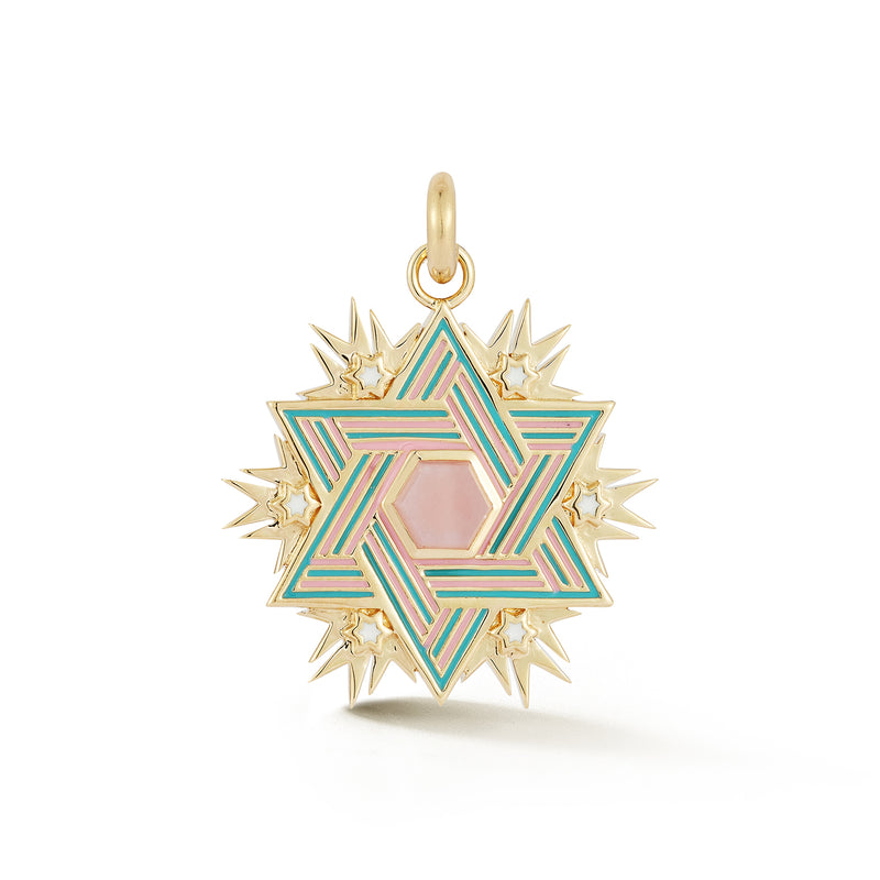 14K Gold Pink Opal Enamel Liat Star of David Medallion