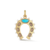 14K Gold Turquoise Pink Opal & Pearl Holly Horseshoe Charm