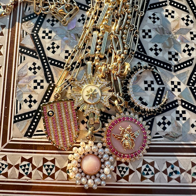 14K Gold Diamond Pink Sapphire & Enamel Walter Medallion